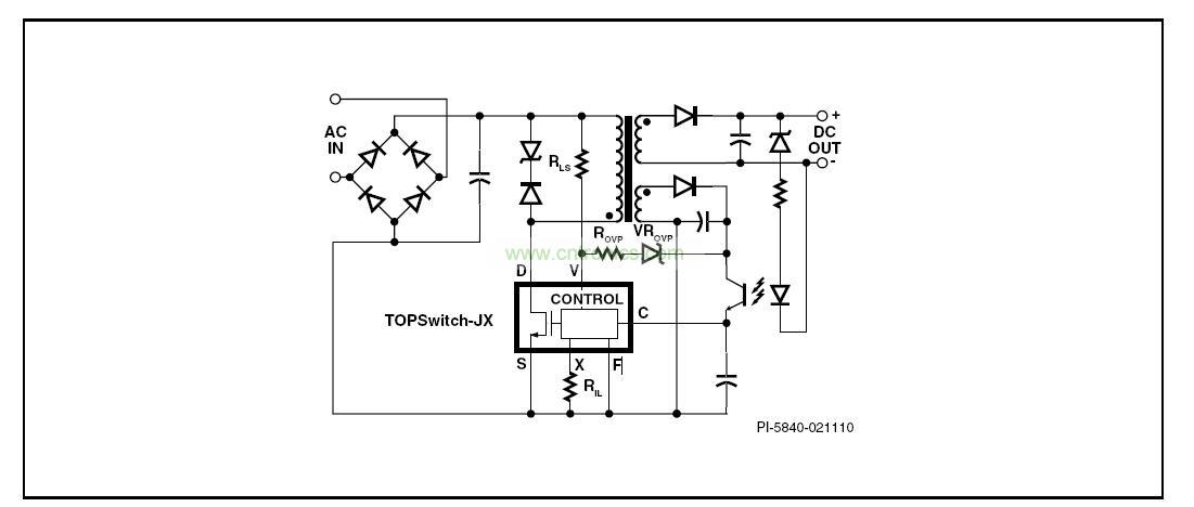 圖 1. 具有初級檢測的輸出過壓保護、輸入欠壓鎖存、輸入過壓關斷及可設定流限值功能的典型TOPSwitch-JX反激式電源
