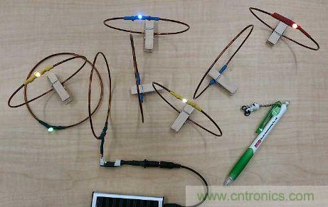 用來驗證&ldquo;直流共振方式&rdquo;的試製係統。在線圈間傳輸電力，點亮LED