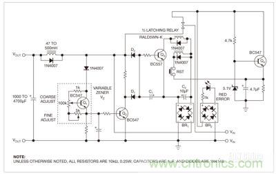這個保護電路的核心是雙穩鎖存繼電器，防止負載因過壓和錯誤極性而遭損壞