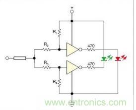 在雙門構成的CMOS/TTL兼容探頭中，R1至R4電阻網絡對反相器輸入端做偏置