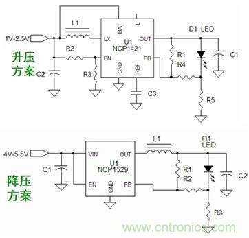 基於NCP1421的升壓型和基於NCP1529的降壓型1～3W手電筒LED應用