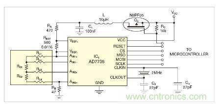 圖1：測量電路測三個點的值，微控製器就可以計算出傳感器值。