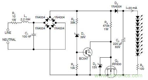 圖2：斬波工作類似圖1中的電路，但以較大的LED串聯電阻代替了恒流源，提供限流功能