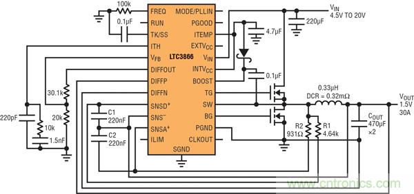 圖2：以非常低的DCR完成采樣的高效率、1.5V/30A降壓型轉換器