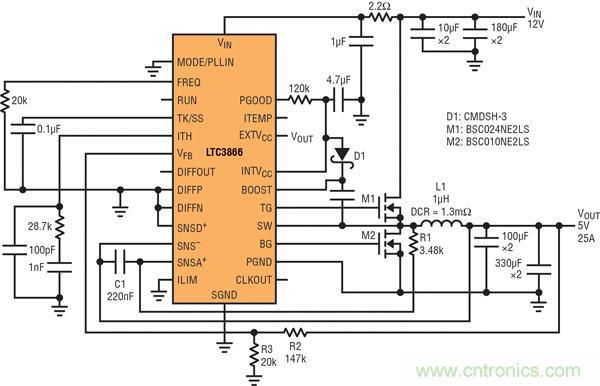 圖9：高效率電源，12V輸入至5V/25A輸出
