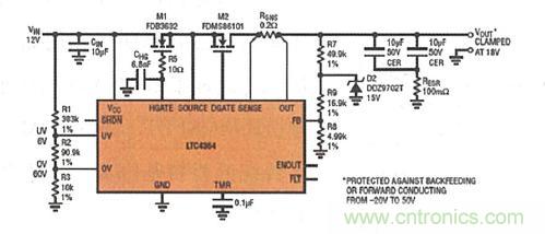 圖8：LTC4364 提供了針對過壓、短路或反向電壓的內置輸出端口保護功能