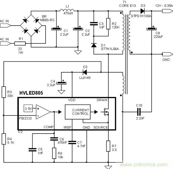 首個最簡單、器件最少的LED驅動電路設計