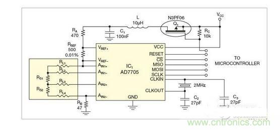 測量電路測三個點的值，微控製器就可以計算出傳感器值