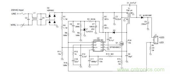 該拓撲不僅可提供良好功率因數，而且還符合EN61000-3-2C類標準