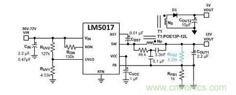 基於 LM5017 的 Fly-Buck 轉換器電路，沒有基於光耦合器的穩壓電路