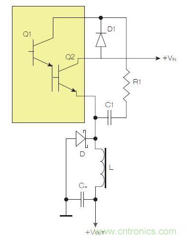 為了實現用兩個元器件提升電源轉換效率，芯片上應有針對驅動器晶體管Q1集電極的單獨引腳。