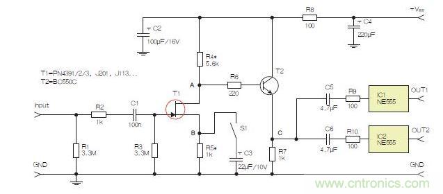 所示電路采用兩個工作在不同頻率下的555定時器，以獲取不同的音