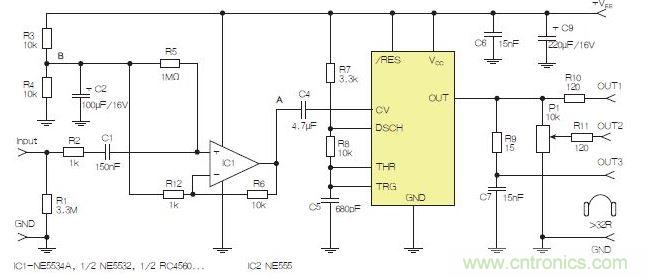 含運算放大器和NE555定時器的耳機和音頻線路驅動器。也可以使用CMOS版本(如LMC555)，但輸出電流較低。其優點為工作頻率較高。