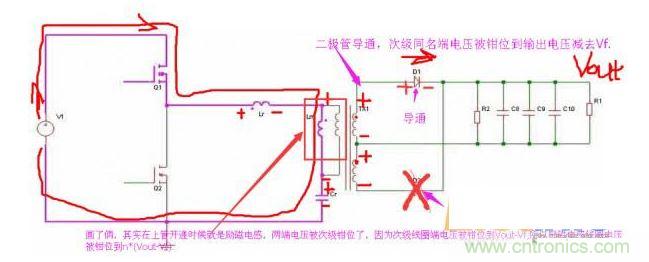 上管開通，注意諧振電感、勵磁電感、諧振電容的正負