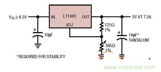 集成型線性穩壓器實例：隻有3個引腳的7.5A線性穩壓器。