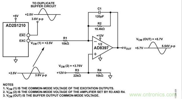 采用AD8397的高電流緩衝器支持AD2S1210 RDC激勵信號輸出（原理示意圖，未顯示去耦和所有連接） 