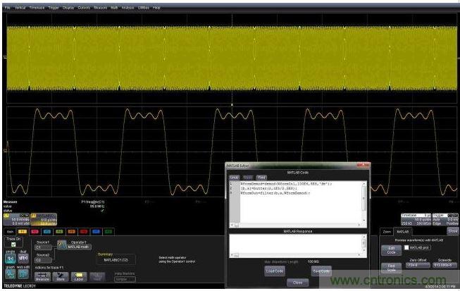這個嵌入式MATLAB腳本用於解調調頻載波，並顯示調製波形。編輯框允許用戶不離開示波器環境就能完成腳本的創建或編輯。