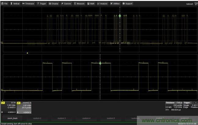 使用CustomDSO運行VB腳本&ldquo;zoom_Track.lss&rdquo;。當腳本運行時，縮放波形的中心將跟蹤水平的光標絕對位置。從圖中可以看出，光標將永遠位於縮放波形Z1的中心