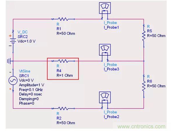 【導讀】shuoshihua，zhegewentiyeduigaosuxianshengzaochenglekunrao。yizhidouhuiyourenwenhuiliudejiaodieshifouhuizaochengxinhaozhijiandeganrao，birupingmiandeshangxiazouxianzhongdie，huiliulujingyiyangshi。tongchanghuiyouzhemejizhonghuida！  1.趨膚效應導致電流並沒有相交；  但是在1.2mil的銅厚的情況下，10MHz以上的信號才會出現明顯的趨膚效應。看來這個解釋並不合理。  2.信號在介質中傳遞，電磁場的耦合才會造成串擾；  這個說法沒錯，但是還是不能解開心中對電流走在同一條路徑上時，會不會造成相互之間幹擾的問題。  讓我們來做以下實驗，搭建一個拓撲如圖1所示： 1 圖1  環路1由一個DC1.0V供電，表示我們的受幹擾線，電流表1測量路徑1上的電流。  環路2由一個100MHz的AC1.0V供電，表示我們的幹擾源，電流表2測量路徑2上的電流。  電流表3測量回流路徑上的電流。  這樣一個結構，得到的結果是如何呢？如圖2所示： 2 圖2  可以看到，我們的被幹擾源就是一個幹淨的直線，雖然環路1和環路2在回流路徑上電流交疊，但是他們相互之間並不影響。其實這不就是基爾霍夫定律嗎。  有人會試圖從電磁場的角度來否定基爾霍夫定律在這裏的正確性，&ldquo;回流路徑也會產生電磁場，這些電磁場會與其他的回流路徑相互影響&rdquo;。但事實上是，回流路徑與回流路徑之間是沒有耦合途徑的，他們在同一個平麵上，沒有容性耦合，也沒有感性耦合。  那麼是否回流就不會影響我們的信號質量了呢？當然是會影響的。  其實在圖1的實驗中，筆者討了個巧，將地平麵各個短路點之間的阻抗當成了0，但實際上，地平麵的各個不同的點之間是有轉移阻抗的。讓我們模擬實際情況再看看圖3： 3 圖3  這時候我們假設我們的地平麵是有1&Omega;電阻的。（當然這是為了實驗效果，實際上地平麵阻抗並不會有這麼大），結果如圖4： 4 圖4  是shi的de，幹gan擾rao出chu現xian了le。這zhe個ge幹gan擾rao並bing不bu是shi來lai自zi於yu回hui流liu路lu徑jing之zhi間jian的de電dian流liu耦ou合he，而er是shi來lai自zi於yu我wo們men地di平ping麵mian本ben身shen由you於yu有you轉zhuan移yi阻zu抗kang的de存cun在zai，導dao致zhi回hui流liu流liu經jing地di平ping麵mian時shi，造zao成cheng地di平ping麵mian並bing不bu是shi一yi個ge完wan美mei的de0電平。  回流就是這樣幹擾我們的信號的，也就是我們所說的地彈。