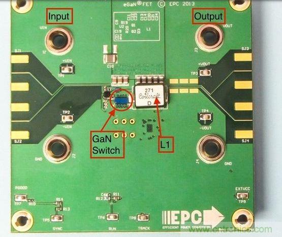 演示板用於顯示GaN的EMI。該GaN組件被圈定，我會在L1左側測量切換的波形。