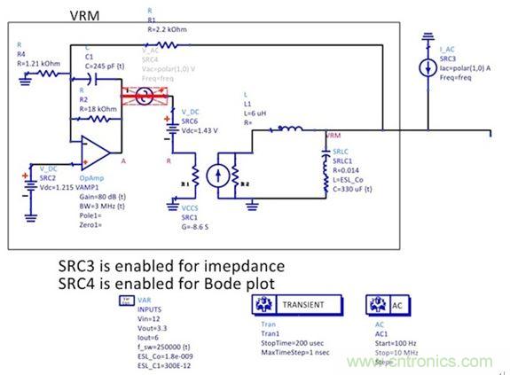 圖5：簡化後的狀態空間平均模型顯示了誤差放大器電路、功率級跨導和輸出電容。