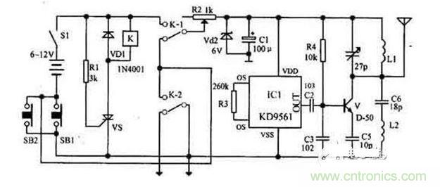 【導讀】隨(sui)著(zhe)環(huan)保(bao)意(yi)識(shi)的(de)增(zeng)強(qiang)，電(dian)動(dong)車(che)已(yi)大(da)量(liang)進(jin)入(ru)我(wo)們(men)家(jia)庭(ting)，成(cheng)為(wei)部(bu)分(fen)人(ren)必(bi)不(bu)可(ke)少(shao)的(de)交(jiao)通(tong)工(gong)具(ju)。如(ru)何(he)防(fang)止(zhi)電(dian)動(dong)車(che)被(bei)盜(dao)則(ze)是(shi)車(che)主(zhu)十(shi)分(fen)關(guan)心(xin)的(de)問(wen)題(ti)，為(wei)此(ci)，出(chu)現(xian)了(le)各(ge)類(lei)電(dian)動(dong)車(che)防(fang)盜(dao)鎖(suo)。除(chu)此(ci)之(zhi)外(wai)呢(ne)？還(hai)有(you)什(shen)麼(me)好(hao)的(de)方(fang)法(fa)防(fang)盜(dao)呢(ne)？我(wo)們(men)為(wei)大(da)家(jia)介(jie)紹(shao)一(yi)款(kuan)電(dian)動(dong)車(che)防(fang)盜(dao)報(bao)警(jing)器(qi)電(dian)路(lu)圖(tu)。  各(ge)類(lei)電(dian)動(dong)車(che)防(fang)盜(dao)鎖(suo)大(da)量(liang)湧(yong)出(chu)，但(dan)是(shi)，電(dian)動(dong)車(che)被(bei)盜(dao)現(xian)象(xiang)仍(reng)層(ceng)出(chu)不(bu)窮(qiong)，較(jiao)高(gao)級(ji)的(de)電(dian)動(dong)車(che)防(fang)盜(dao)鎖(suo)在(zai)短(duan)時(shi)間(jian)內(nei)難(nan)以(yi)破(po)壞(huai)，盜(dao)賊(zei)便(bian)將(jiang)電(dian)動(dong)車(che)搬(ban)上(shang)其(qi)它(ta)車(che)輛(liang)上(shang)盜(dao)走(zou)，這(zhe)樣(yang)，再(zai)高(gao)級(ji)的(de)防(fang)盜(dao)鎖(suo)也(ye)顯(xian)得(de)無(wu)能(neng)為(wei)力(li)了(le)。鑒(jian)於(yu)此(ci)，我(wo)們(men)為(wei)大(da)家(jia)介(jie)紹(shao)一(yi)款(kuan)電(dian)動(dong)車(che)防(fang)盜(dao)報(bao)警(jing)器(qi)電(dian)路(lu)圖(tu)。 1 報警器發射機部分是由繼電器K和可控矽VS用來控製發射機電路的電源。IC1組成警聲信號電路。晶體管V及其外圍元件組成射頻振蕩電路，發射報警信號。  在等待狀態時，開關S1接通，而SB1斷開（即車頭鎖被鎖住），K就處在釋放狀態，報警發射機不工作。當車頭鎖被打開時（即SB1接通），VS被觸發導通，K吸合，接通發射機電源。SB1接通後，K-2的常開點將其自鎖，此時隻有斷開S1報警方能結束。在K動作時，其常閉觸點K-l斷開，切斷發動機點火電路。  接收機電路由TDA7010和開關功放TWH8778、TWH68組成。當IC2 收到報警信號時其互腳的高電平通過IC3經IC4放大由TWH15放出報警聲。但要考慮到頻率的穩定性，因為7010自身沒有頻率穩定電路，在工作時要多作檢測，最好用印製板和貼片元件。  按an上shang述shu操cao作zuo方fang法fa停ting放fang車che輛liang後hou，報bao警jing器qi即ji進jin入ru待dai報bao警jing狀zhuang態tai。在zai待dai報bao警jing期qi間jian，隻zhi要yao有you人ren無wu論lun用yong什shen麼me方fang法fa打da開kai車che頭tou鎖suo或huo搬ban移yi車che輛liang，都dou將jiang觸chu發fa報bao警jing器qi報bao警jing不bu停ting，並bing切qie斷duan發fa動dong機ji電dian源yuan使shi車che輛liang無wu法fa起qi動dong，直zhi至zhi車che主zhu人ren趕gan來lai將jiang點dian火huo鑰yao匙chi插cha入ru點dian火huo鎖suo內nei轉zhuan到dao關guan的de位wei置zhi，報bao警jing才cai能neng解jie除chu。