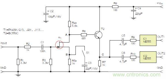 圖3：采用兩個工作在不同頻率下的555定時器電路，以獲取不同的音效。