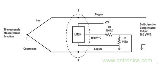 圖3：將LM35用於熱電偶冷接點補償