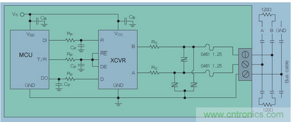 在高暴露環境中的RS-485總線的電路保護示意圖中，上圖類似&ldquo;Z&rdquo;字形的符號可代表多種過壓保護解決方案，包括Q2L係列SIDACtor保護晶閘管(圖7)。