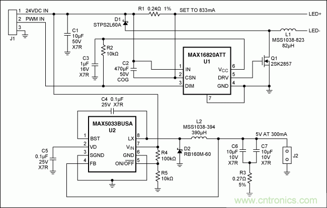 MR-16 LED驅動器和用於脈衝LED冷卻器供電的5V輔助電源