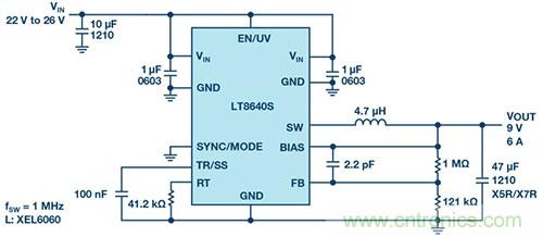 42 V、6 A（峰值7 A）、超低EMI輻射、高效率降壓型穩壓器