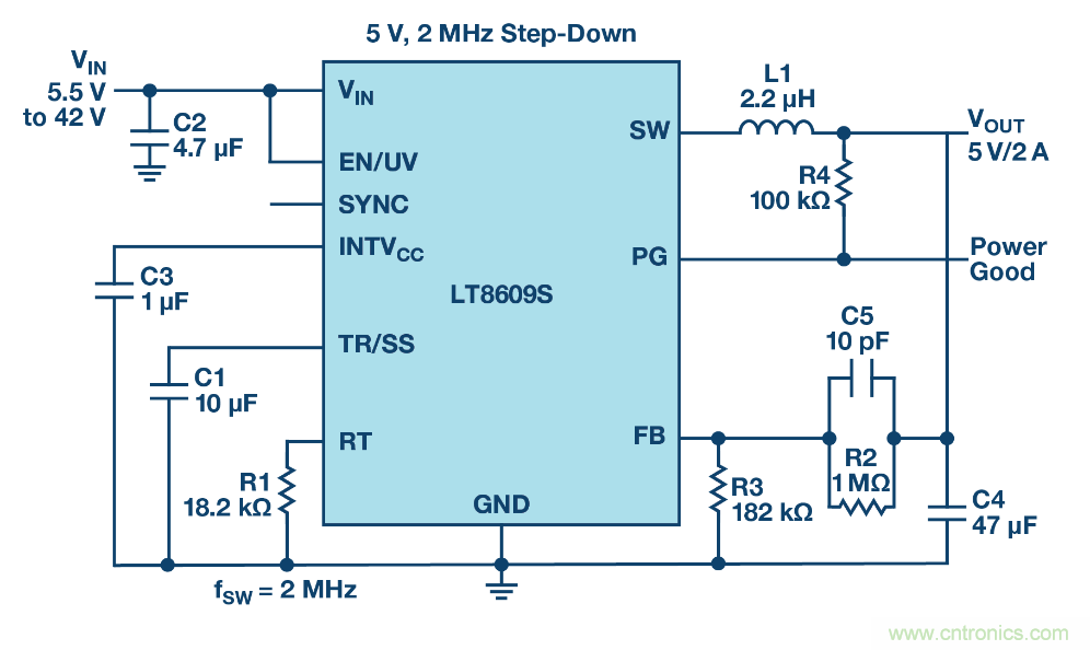 具 2.5 &mu;A 靜態電流和超低 EMI 輻射的 42 V、2 A/3 A 峰值同步降壓型穩壓器