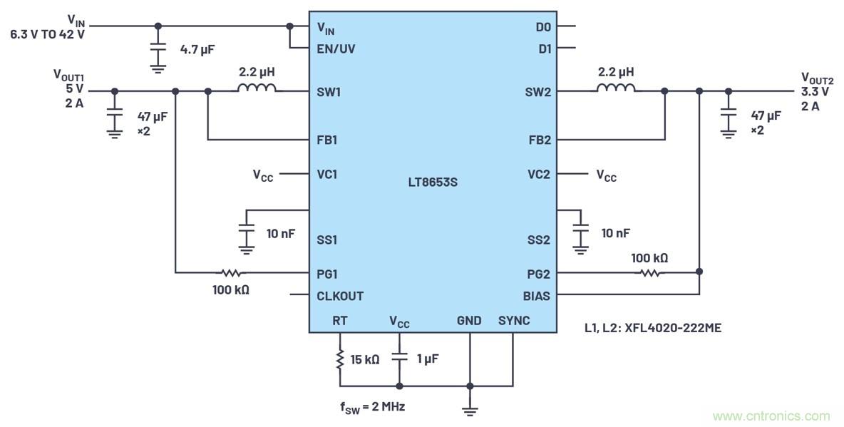 具有6.2 &micro;A靜態電流的雙通道、42 V、2 A、單片、同步降壓型Silent Switcher 2穩壓器
