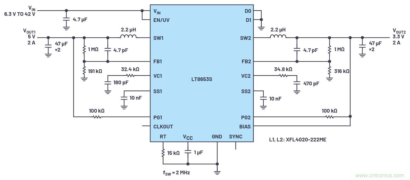 具有6.2 &micro;A靜態電流的雙通道、42 V、2 A、單片、同步降壓型Silent Switcher 2穩壓器