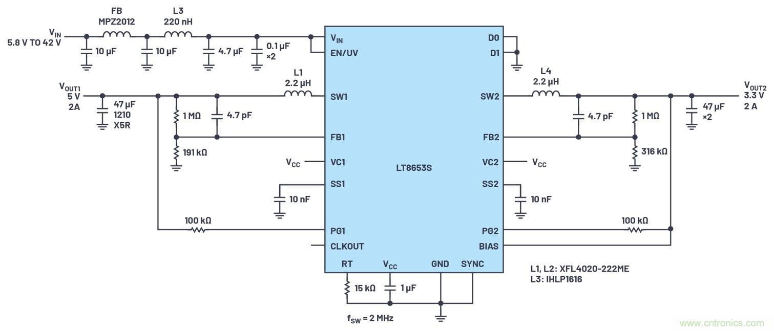 具有6.2 &micro;A靜態電流的雙通道、42 V、2 A、單片、同步降壓型Silent Switcher 2穩壓器