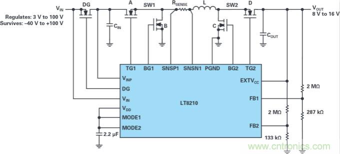 4開關降壓-升壓控製器，具備直通功能，可以消除開關噪聲
