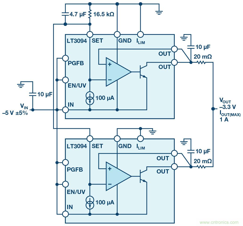 負線性穩壓器在1MHz下具有0.8&mu;V RMS噪聲和74dB電源抑製比
