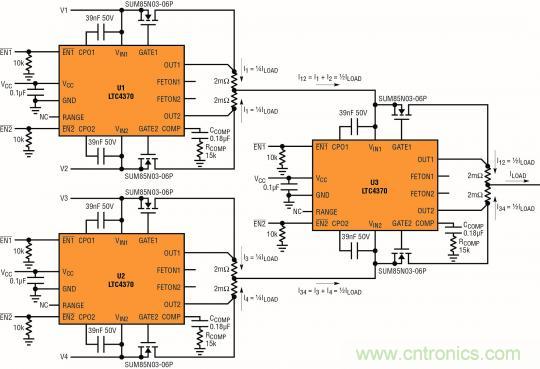 針對三個或四個電源的簡易平衡負載均分，即使電源電壓不等也絲毫不受影響