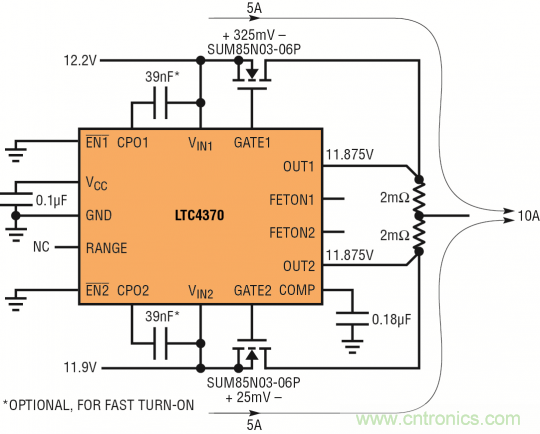 針對三個或四個電源的簡易平衡負載均分，即使電源電壓不等也絲毫不受影響