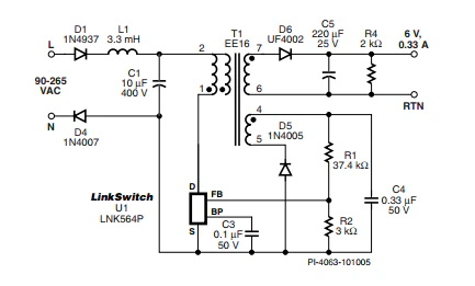 LinkSwitch-LP 係列旨在取代手機/無繩電話、PDA、數碼相機和便攜式音頻播放器等應用中輸出功率 < 2.5 W 的低效線頻線性變壓器電源。LinkSwitch-LP 還可用作白色家電等應用中的輔助電源。  LinkSwitch-LP 將高壓功率 MOSFET 開關與 ON/OFF 控製器集成在一個設備中。它完全由漏極引腳自供電，具有低 EMI 的de抖dou動dong開kai關guan頻pin率lv，並bing且qie具ju有you全quan麵mian的de故gu障zhang保bao護hu。自zi動dong重zhong啟qi可ke限xian製zhi過guo載zai和he輸shu出chu短duan路lu條tiao件jian下xia的de器qi件jian和he電dian路lu耗hao散san，而er遲chi滯zhi過guo溫wen保bao護hu會hui在zai熱re故gu障zhang期qi間jian禁jin用yong內nei部bu MOSFET。EcoSmart 技術使設計能夠輕鬆實現 < 150 mW 的空載功耗，滿足能源效率要求。  LinkSwitch-LP 的設計目的是在輸出功率低於 2.5 W 時無需初級側鉗位電路，從而顯著減少組件數量和總係統成本。圖 1 顯示了基於 LinkSwitch-LP 的 2 W 電源，不帶初級側鉗位。LinkSwitch-LP 係列經過優化，當變壓器上的輔助或偏置繞組提供反饋時，可提供近似的 CV/CC 輸出特性。這非常適合取代工頻變壓器的應用，提供兼容的輸出特性，但過載、短路電流和輸入線電壓變化較小。  　  在無鉗位設計中使用 LinkSwitch-LP 的基本電路原理圖。  快速開始  　 LinkSwitch-LP 反激式設計流程圖