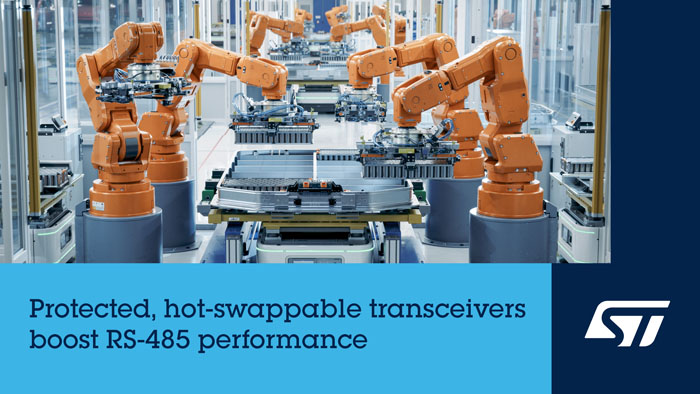 ST 的RS-485收發器兼備傳輸穩定性與速度，適用於工業自動化、智能建築和機器人