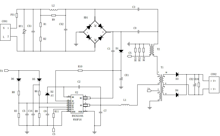 一、LED驅動模塊RSC6218A REASUNOS(瑞森半導體)通過持續投入研發，提升LLC應用技術，集成控製芯片與功率轉換，成功推出新一代產品RSC6218A WSOP-16，延續瑞森LLC拓撲方案，時機趨勢完全迎合我國雙碳政策，電氣特性契合新版國標GB/T 17625.1-2022和歐盟新版ERP認證EU2019/2020雙重法規，專為中小功率的產品提供優秀的方案；接下來會分幾個篇章持續介紹新方案產品的應用資料和設計實例分享：  RSC6218A功率模塊內部集成CS-CP-LLC電源半橋模塊和功率轉換模塊，延續瑞森主題設計方向單級實現高PF無頻閃技術和LLC諧振軟開關技術方案：該型號適用於5-18W功率段；具備高轉換效率(90%+)，高PF(>0.96)，低THD(<10%)，小型化(縮小PCB麵積10-25%)，通過優化產品內部設計提升產品內部功率器件的開啟與關閉性能，避免幹擾發生，最高工作頻率達200KHZ，實現WSOP-16封裝兼顧散熱與小型化；並且內部可自動設置死區時間，讓方案可靠易設計。 產品可廣泛應用於： 1.護眼係列燈具：如教室燈、辦公燈、護眼台燈、壁燈、閱覽室燈等； 2.家居類燈具：如客廳燈、臥室燈、兒童房燈、廚房燈、走廊燈等； 3.軌道類燈具：地鐵照明、高鐵照明、隧道照明、車站照明等； 4.商照類燈具：筒燈、射燈、投射燈、 亮化燈、防爆燈等； 方案起到提供高效，穩定，長壽命的作用。 二、產品功能框架  三、IC各PIN腳功能說明  PIN1&nbsp;PGND 功率地，內部是連接低邊MOS的S端地線； PIN2&nbsp;&nbsp;NC&nbsp; PIN3&nbsp; HS 半橋MOS低邊漏極PIN； PIN4&nbsp; HS 半橋MOS低邊漏極PIN； PIN5&nbsp; HS 半橋MOS高邊源極PIN； PIN6&nbsp; HS 半橋MOS高邊源極PIN； PIN7&nbsp;&nbsp;NC&nbsp; PIN8&nbsp; HO 半橋MO高邊漏極； PIN9&nbsp; HO 半橋MOS高邊漏極； PIN10&nbsp;HB 半橋驅動高邊電源，通過外置的一個二極管與電容組成自舉回路，為高邊 MOS 的開啟提供電平； PIN11&nbsp;VIN 高壓啟動的輸入腳，最高耐壓可達DC600V，啟動電流在1.7mA，一般應用是從高壓電解處串接一個1206100K電阻引到PIN1，在整個環路還未建立起來時，是靠這個引腳的供電通過內部連接到PIN6VCC，然後把VCC電容慢慢充電到芯片的啟動電壓後，芯片開始工作。整個環路建立起來後，VIN腳內部關斷，VCC 通過外部變壓器輔助繞組供電維持正常工作； PIN12&nbsp; VCC 信號電源引腳，&nbsp;工作電壓範圍 8-20V，工作電流在&nbsp;0.8mA，靜態工作電流是 720uA； PIN13&nbsp; NC DT懸空腳； PIN14&nbsp;FB &nbsp;電壓反饋輸入，VFB中心值是1.2V，該引腳的功能主要是限定空載電壓的最大幅度，該芯片空載保護屬於打嗝模式，可以有效降低空載損耗，能效要求輕鬆符合小於0.5W的要求； PIN15&nbsp; CS 電流采樣正弦波信號輸入該PIN腳是通過線路中的互感電感采樣得到全波的正弦波信號，&nbsp;通過電阻轉換為電壓信號後，輸入到CS PIN腳，&nbsp;內部連接到壓控振蕩器，根據輸入進來的電壓幅值大小，以及正弦波的頻率，壓控振蕩器輸出對應的方波來控製LG與HG端的MOS開關頻率，實現恒流調節控製； PIN16&nbsp; AGND 信號地參考電平，主要連接 VCC，FB 對應 PIN 腳的元件地線。 四、關鍵PIN腳參數設定範圍  五、典型應用原理圖  關注瑞森半導體公眾號，接下來持續分享具體案例的設計參考文檔，攜手各夥伴們實現新版國標GB/T17625.1-2022的順利達標，為工程師縮短開發周期，讓工廠端得到滿意的產品，給客戶一個滿意的答卷，得到需要的利潤空間。