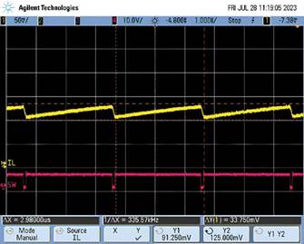  圖9.負載調整和折返頻率。隨著負載增大，頻率會折返以維持穩定的輸出電壓。  在圖9中可以看到，隨著負載增加，器件頻率會折返以保持恒定的輸出電壓。器件在DCM下運行至約0.28 A，這就是頻率下降到約495 kHz然後又回升至657 kHz的原因。以657 kHz的頻率運行時，器件可以保持正常操作，直至負載達到0.7 A。此時頻率降低以保持適當的輸出電壓，直至負載達到1.4 A左右。發生這種情況時，器件無法在保持輸出電壓的同時將頻率降低到100 kHz以下（該器件指定的最低反饋頻率），因此輸出電壓開始下降。  這(zhe)個(ge)問(wen)題(ti)的(de)解(jie)決(jue)辦(ban)法(fa)不(bu)像(xiang)違(wei)反(fan)最(zui)小(xiao)導(dao)通(tong)時(shi)間(jian)規(gui)範(fan)那(na)麼(me)簡(jian)單(dan)。設(she)計(ji)人(ren)員(yuan)通(tong)常(chang)需(xu)要(yao)滿(man)足(zu)特(te)定(ding)的(de)輸(shu)入(ru)電(dian)壓(ya)和(he)輸(shu)出(chu)電(dian)壓(ya)要(yao)求(qiu)，因(yin)此(ci)無(wu)法(fa)隨(sui)意(yi)更(geng)改(gai)占(zhan)空(kong)比(bi)來(lai)延(yan)長(chang)關(guan)斷(duan)時(shi)間(jian)。如(ru)果(guo)設(she)計(ji)人(ren)員(yuan)可(ke)以(yi)提(ti)供(gong)更(geng)大(da)的(de)輸(shu)入(ru)電(dian)壓(ya)，則(ze)器(qi)件(jian)將(jiang)以(yi)設(she)定(ding)的(de)頻(pin)率(lv)工(gong)作(zuo)，因(yin)為(wei)較(jiao)小(xiao)占(zhan)空(kong)比(bi)會(hui)防(fang)止(zhi)器(qi)件(jian)違(wei)反(fan)最(zui)小(xiao)關(guan)斷(duan)時(shi)間(jian)規(gui)範(fan)。這(zhe)一(yi)點(dian)可(ke)以(yi)從(cong)圖(tu)10中看出，其中器件以設定的2 MHz頻率運行。